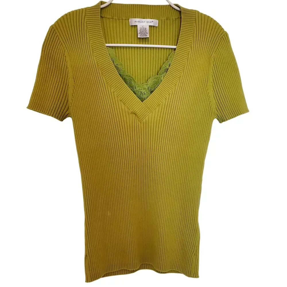 August Silk Spring Green V-Neck Sweater Tee with Lace Size L